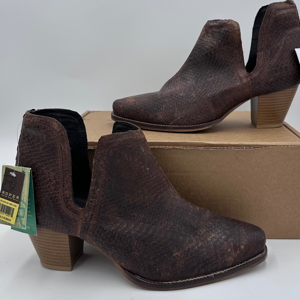 ROPER Ankle Boots Womens 10.5 Brown Faux Snakeskin Cutout Pointed Toe 2735 NEW